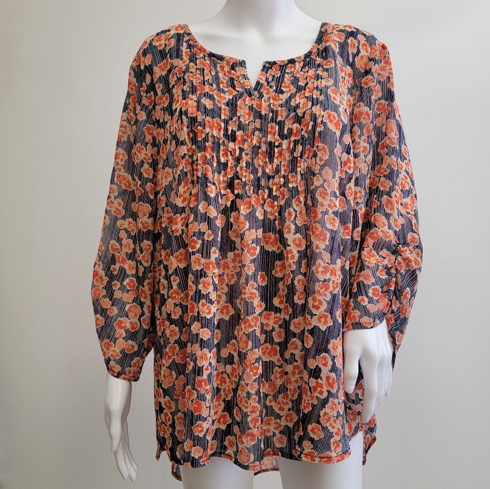 TORRID Sheer Pleated Floral Top ¾ Sleeve Blouse | SZ:3